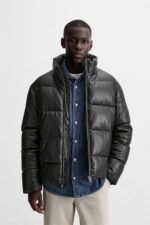 پافر چرم مردانه زارا LEATHER EFFECT PUFFER JACKET