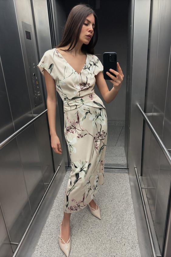 لباس میدی زنانه زارا FLORAL PRINT SATIN MIDI DRESS