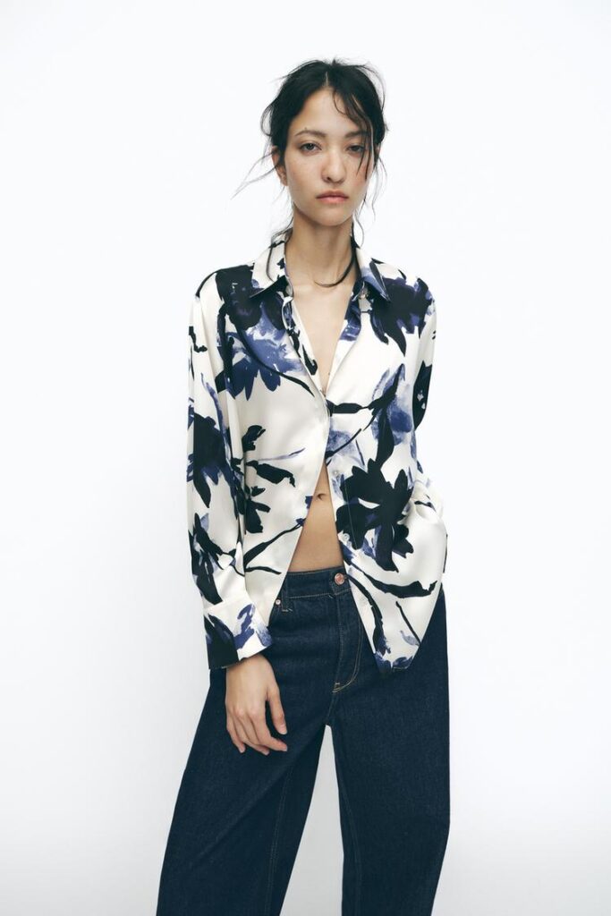 شومیز ساتن زنانه زارا PRINTED SATIN SHIRT