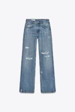 شلوار جین زنانه زارا TRF RIPPED WIDE-LEG MID-WAIST JEANS