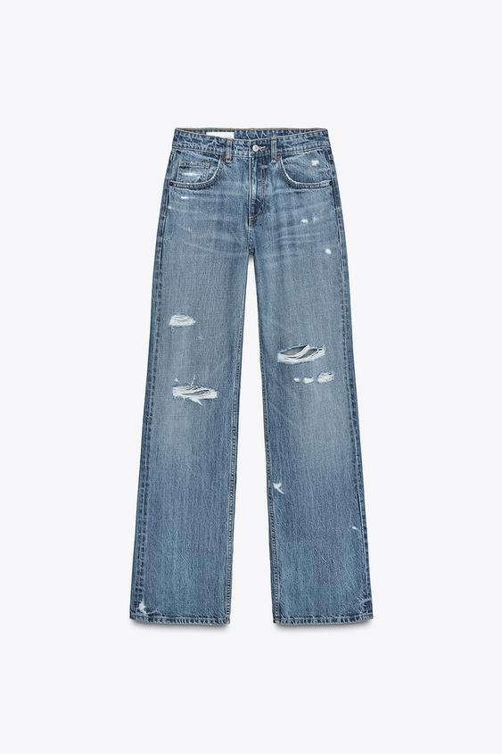 شلوار جین زنانه زارا TRF RIPPED WIDE-LEG MID-WAIST JEANS