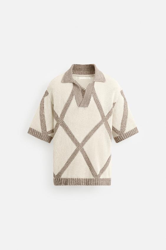 تیشرت یقه دار مردانه زارا RHOMBUS JACQUARD KNIT POLO SHIRT