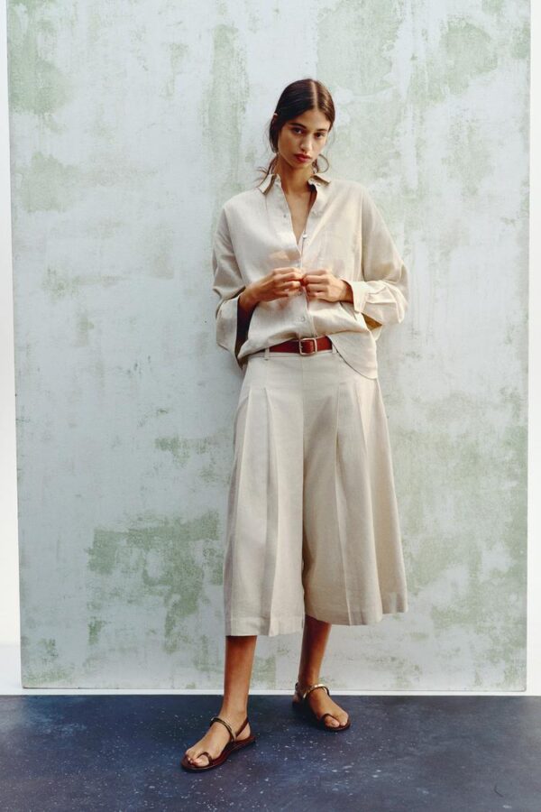 شلوارک برمودا بلند زنانه زارا belted linen blend long bermuda shorts