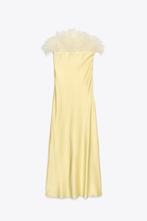 لباس میدی زنانه زارا FEATHERED SATIN MIDI DRESS