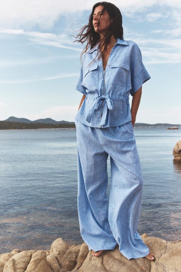 شلوار لینن زنانه زارا linen blend wide-leg trousers