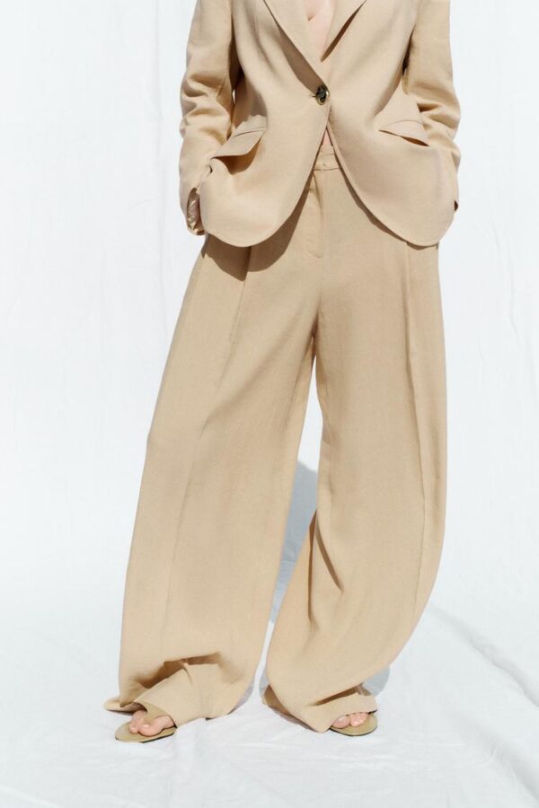 شلوار زنانه زارا linen blend wide-leg trousers with darts