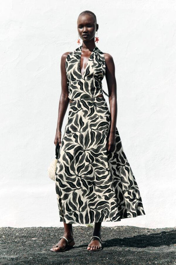 لباس بلند زنانه زارا halter midi dress with linen blend