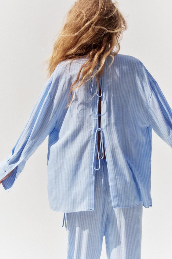 پیراهن زنانه زارا oversize striped shirt with back vents and ties