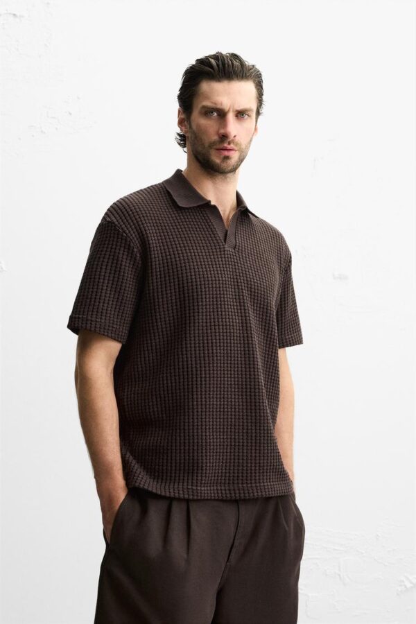 تیشرت مردانه زارا grid textured polo shirt