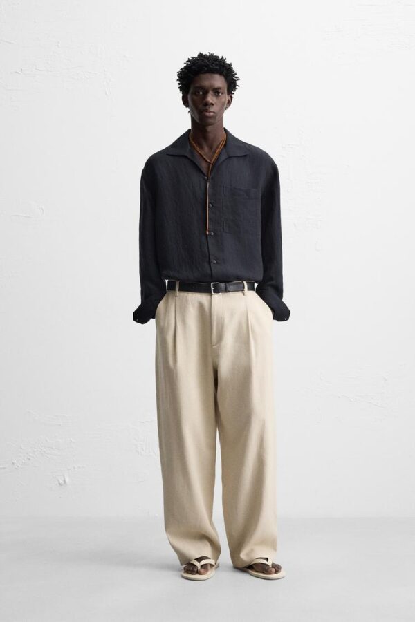 شلوار مردانه زارا linen/cotton pleated trousers