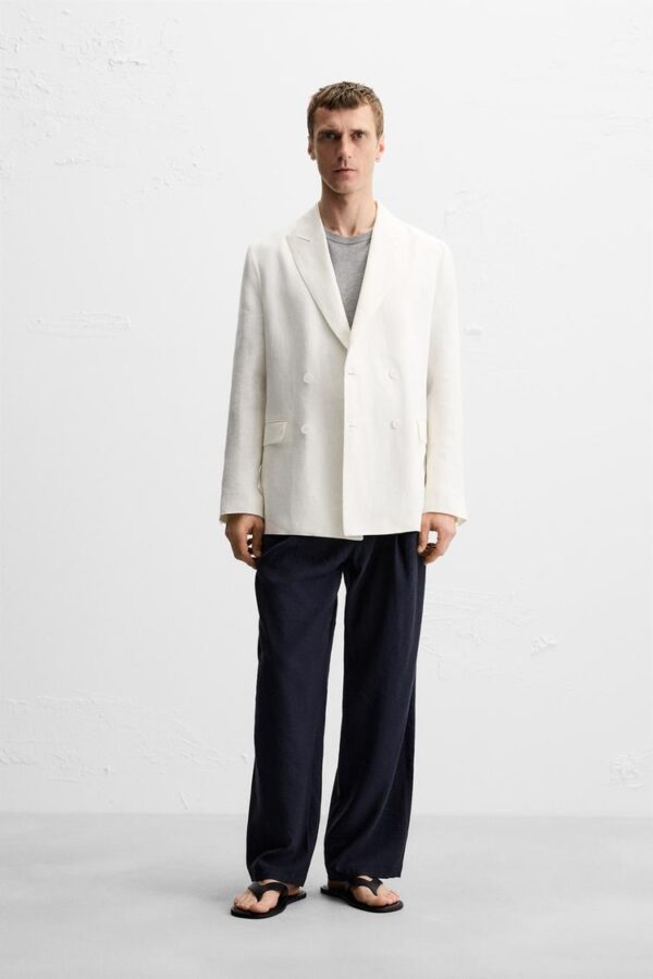 کت لینن مردانه زارا double-breasted 100% linen blazer