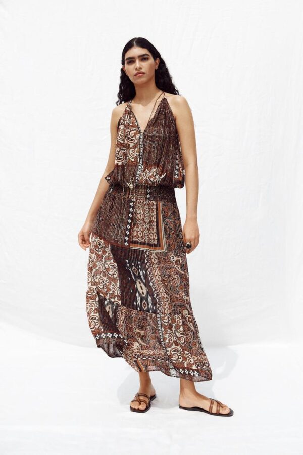 لباس بلند زنانه زارا metallic thread printed dress