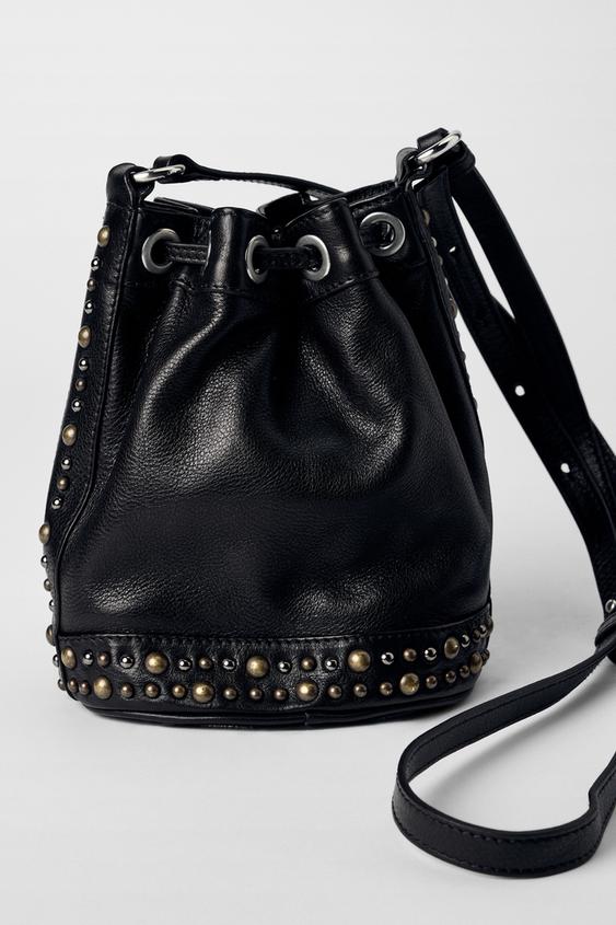 کیف سطلی چرم زنانه زارا leather studded gathered bucket bag kate moss x zara