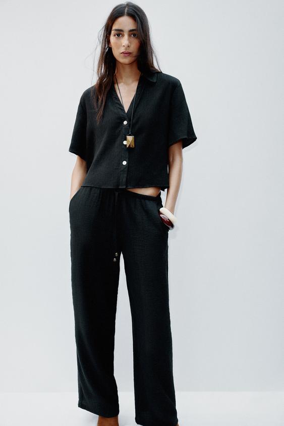 شلوار زنانه زارا wide-leg trousers with elastic waistband