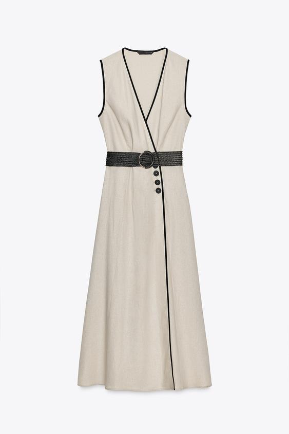 لباس میدی زنانه زارا LINEN BLEND MIDI DRESS WITH BELT