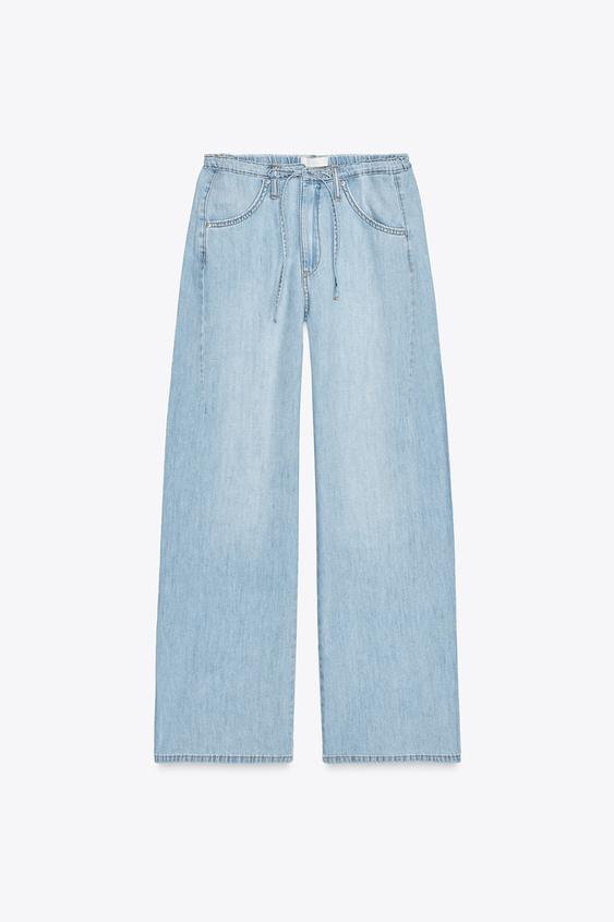 شلوار جین زنانه زارا drawstring loose-fitting denim trousers