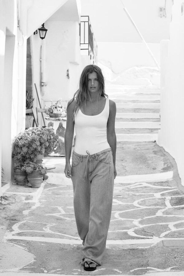 شلوار جین زنانه زارا drawstring loose-fitting denim trousers