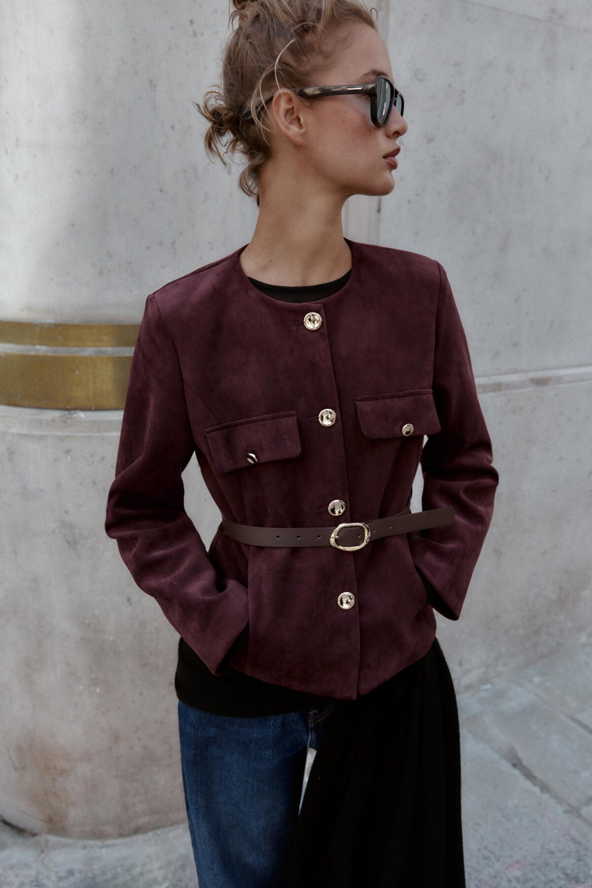 08741260681 a1 scaled کت‌ جیر (فُکس‌سود) کمربند‌دار زنانه  faux suede blazer with belt از زارا